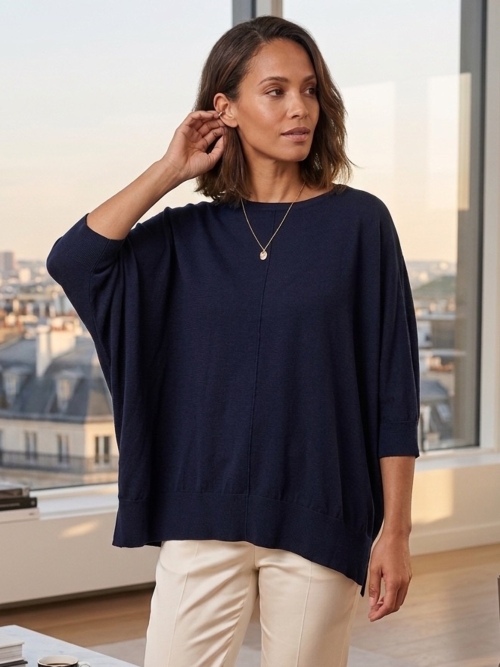 John Smedley 100% Pure New Wool Batwing Sweater Navy Made in England Luxury Soft